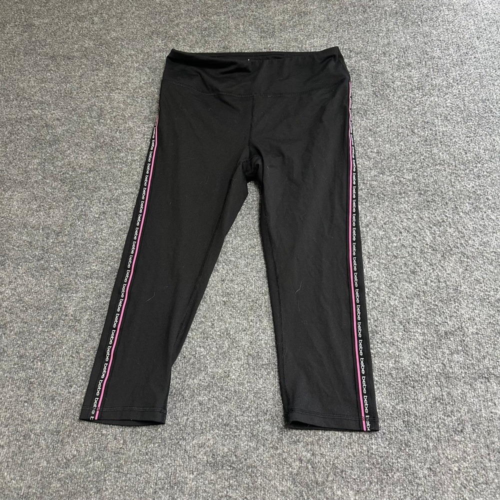 Bebe Sport Leggings Womens Size L Black Pink Logo Tape Cropped Yoga Pant